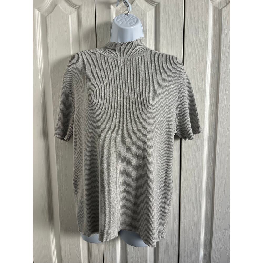 Sag Harbor Women’s Short Sleeve Silver Metalic Small Ribbed Knit Sweater XL EUC